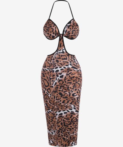 Print Leopard Halter Cutout Bodycon Midi Dress L Coffee