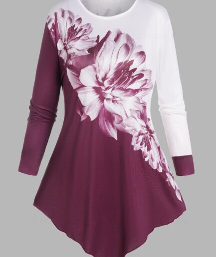 Women Casual T Shirt Colorblock T Shirt Ink Painting Flower Asymmetrical Hem Tee Clothing S Deep red