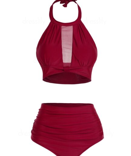 Dresslily Women Halter Tankini Swimsuit Cut Out Plain Color Tummy Control Swimwear Padded High Waisted Bathing Suit Swimsuit L Deep red