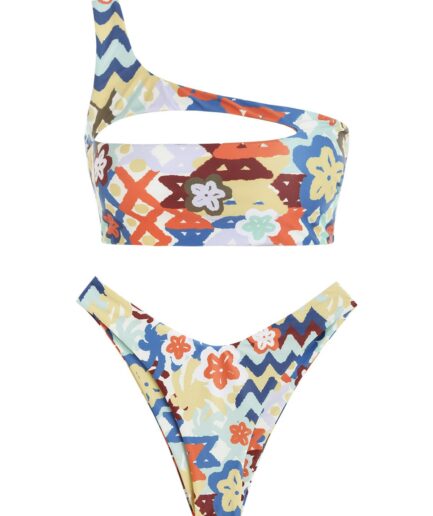 ZAFUL One Shoulder Boho Cut Out Floral Zig Zag Brazilian Bikini Swimwear Multi a