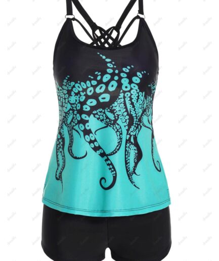 Dresslily Women Modest Tankini Swimsuit Colorblock Octopus Print Swimwear Cut Out Crisscross Boyshorts Halter Bathing Suit Swimsuit L Blue