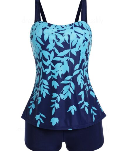 Dresslily Women Leaf  Print Tummy Control Tankini Swimsuit Padded Adjustable Strap Tankini Two Piece Swimwear Boyleg Bathing Suit Swimsuit L Blue
