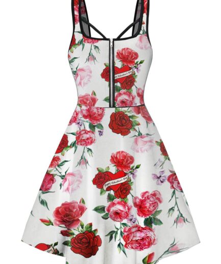 Dresslily Women Allover Rose Flower Print Mini Dress Sleeveless Zipper Detail Cottagecore A Line Tank Dress Clothing M White