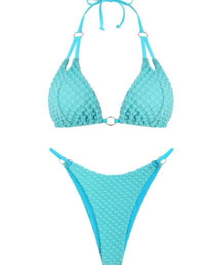 Swiss Dot Decor Chest Pad Bikini Bra and O Ring Bottom Set Light blue