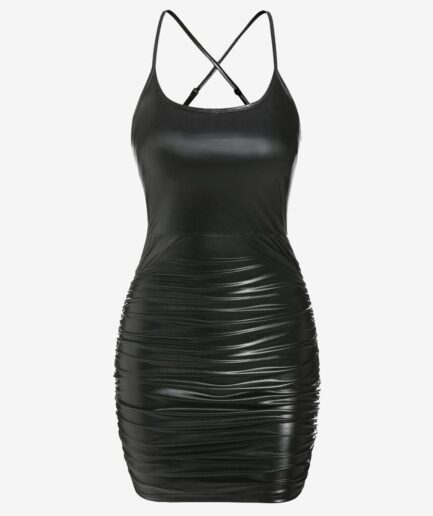Mini Dress ZAFUL Cross PU Leather Ruched Cami Dress L Black