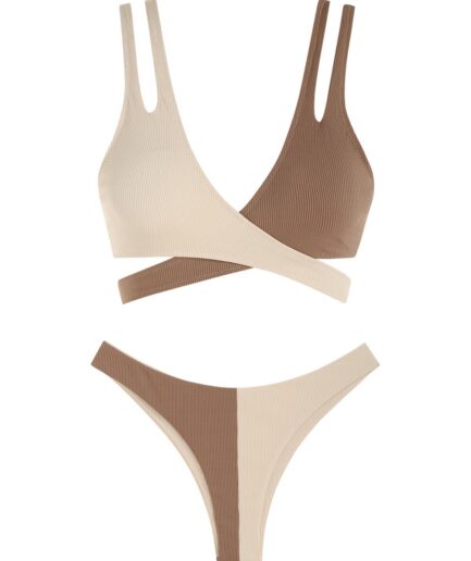 ZAFUL Wrap Criss Cross Ribbed Two Tone Bikini Swimwear M Coffee