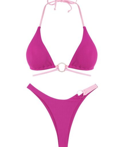 ZAFUL Two Tone Ribbed O Ring Cheeky Bikini Swimwear M Light pink