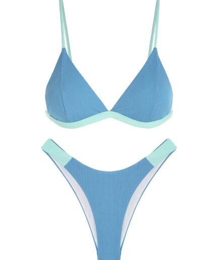 ZAFUL High Cut Ribbed Two Tone Cheeky Bikini Swimwear M Blue
