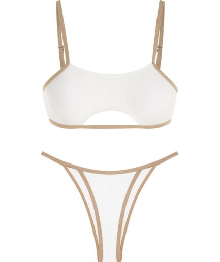 ZAFUL Ribbed Underboob Contrast Binding Bikini Swimwear M White