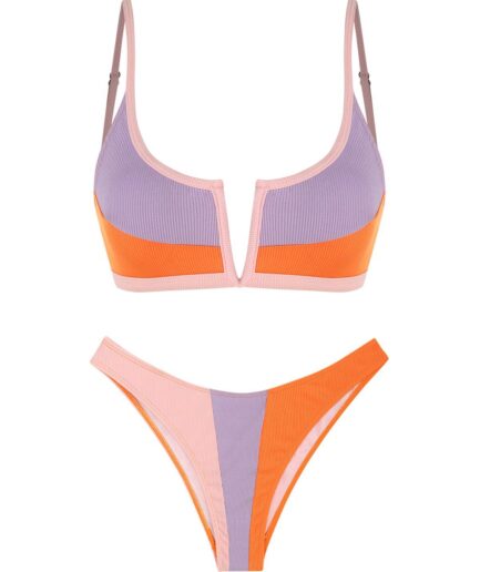 ZAFUL Ribbed Colorblock V Wired High Leg Bikini Swimwear M
