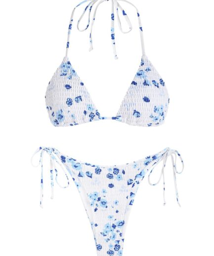 ZAFUL Ditsy Print Smocked String Bikini Swimwear L White