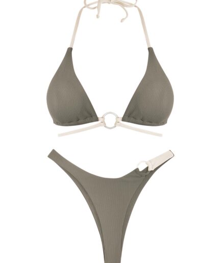 ZAFUL Two Tone Ribbed O Ring Cheeky Bikini Swimwear M Light coffee