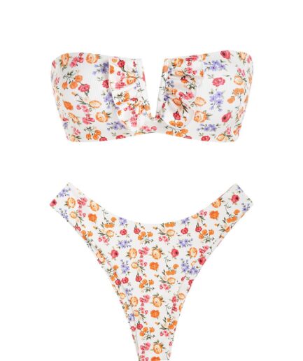 ZAFUL Ditsy Floral Ribbed V-wire Bandeau Bikini Swimwear M White