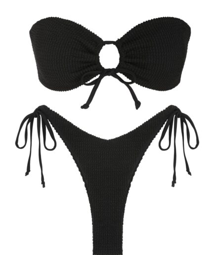 ZAFUL Crinkle Tie Side Bandeau Bikini Swimwear L Black