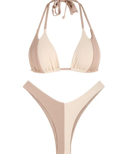 ZAFUL Ribbed Colorblock Dual Strap Bikini Swimwear L Light coffee