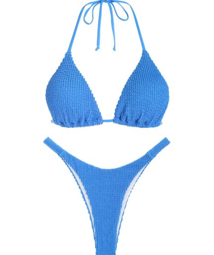 ZAFUL Crinkle Halter Triangular Bikini Swimwear M Blue