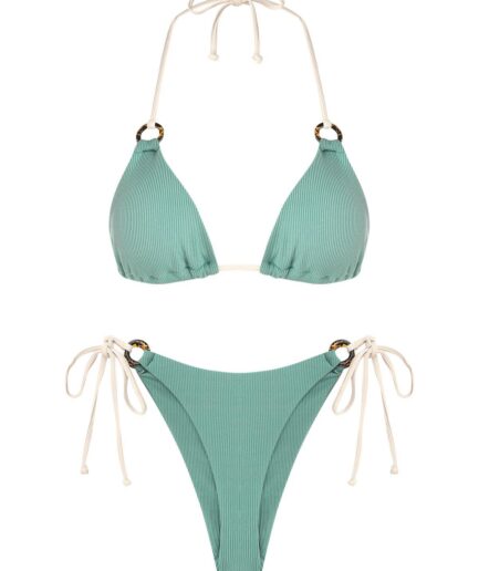 ZAFUL Ribbed O Ring Contrast Strap String Bikini Swimwear L Light green
