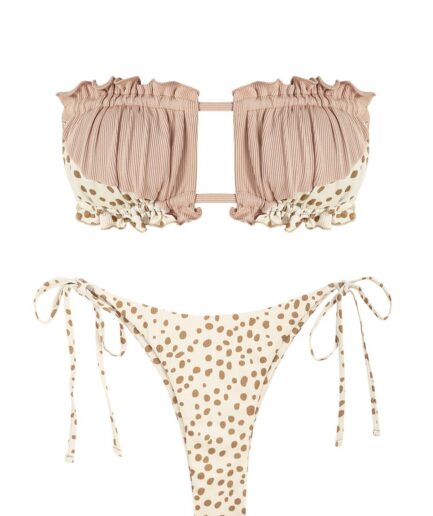 ZAFUL Ribbed Tie Side Animal Spotted Bandeau Bikini Swimwear M Light coffee