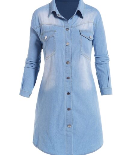 Dresslily Women Chambray Dress Front Pocket Turn Down Collar Curved Hem Long Sleeve Shift Mini Dress Clothing M Blue