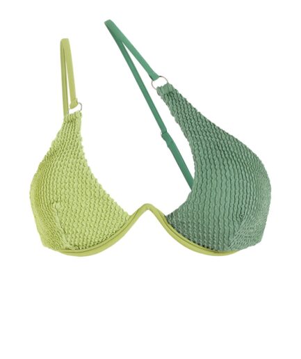 Crinkle Colorblock One Shoulder Bikini Top L Green