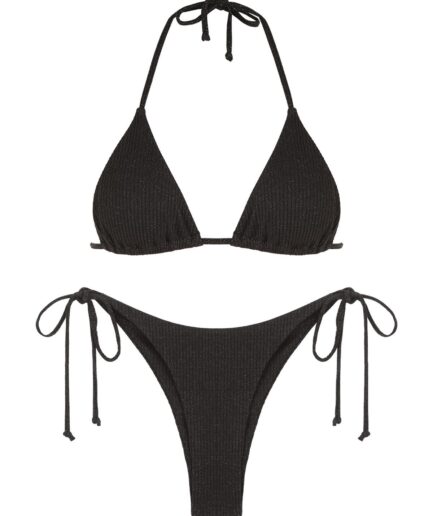 ZAFUL Ribbed Tie Side Metallic Glitter String Bikini Swimwear M Black