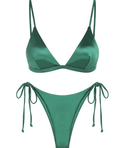 ZAFUL Shiny Silky Tie Side Tanga Bikini Swimwear L Deep green