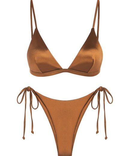 ZAFUL Shiny Silky Tie Side Tanga Bikini Swimwear L Coffee