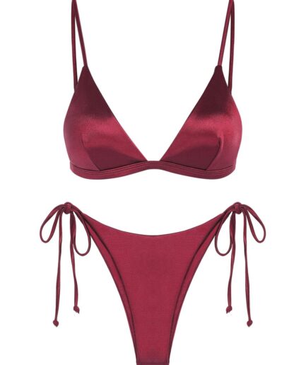 ZAFUL Shiny Silky Tie Side Tanga Bikini Swimwear M Deep red