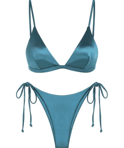 ZAFUL Shiny Silky Tie Side Tanga Bikini Swimwear L Deep blue
