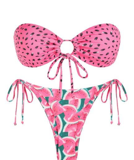 ZAFUL Ribbed Watermelon Speckled Bandeau Bikini Swimwear M Light pink