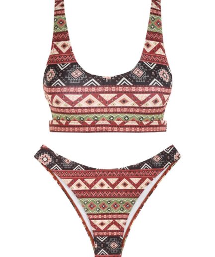 ZAFUL Ethnic Aztec Print Ribbed Boho Tank Bikini Swimwear Coffee