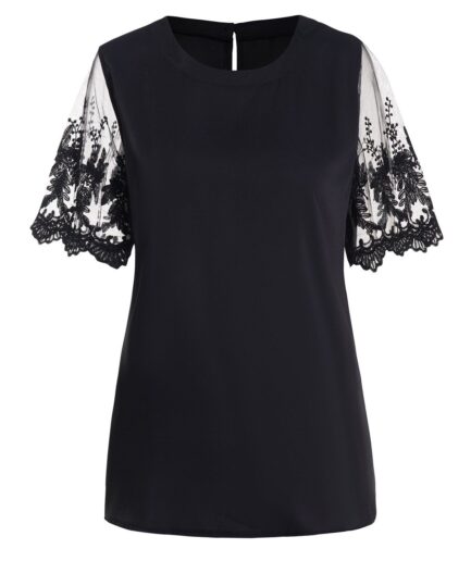 Women Plain Color T Shirt Embroidery Leaf See Thru Mesh Panel Short Sleeve Tee Clothing L Black