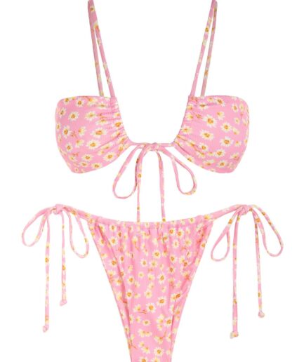 ZAFUL Ribbed Ditsy Print Tied Loincloth Bikini Swimwear M Light pink