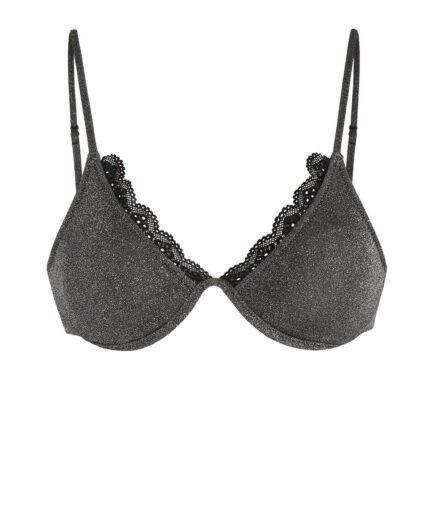 Lace Trim Metallic Bikini Top L Black