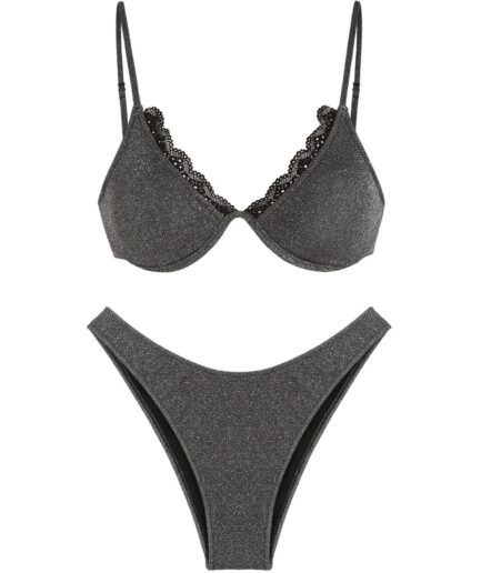 ZAFUL Lace Trim Monowire Metallic Sparkle Glitter Bikini Swimwear Black