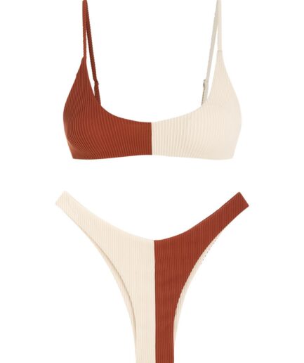 ZAFUL Ribbed Colorblock High Leg Bikini Swimwear L Coffee