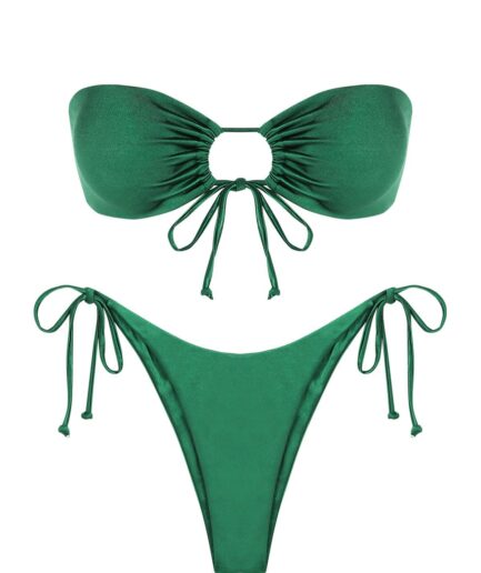 ZAFUL Cinched Tie Side Silky Bandeau Bikini Swimwear L Deep green