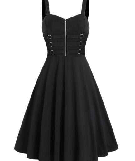 Dresslily Women Zip Up O-ring Straps Mini Dress High Waist Backless Sweetheart Neck Sleeveless Cami Dress Clothing L Black