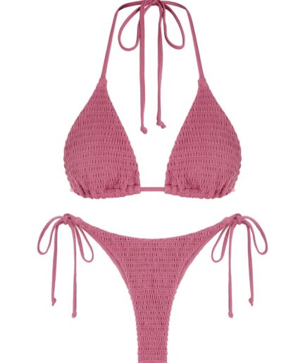 ZAFUL Skimpy Ribbed Smocked String Bikini Swimwear L Light pink