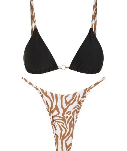 ZAFUL High Cut Thong Zebra Leopard Giraffe Print String Bikini Swimwear L Coffee