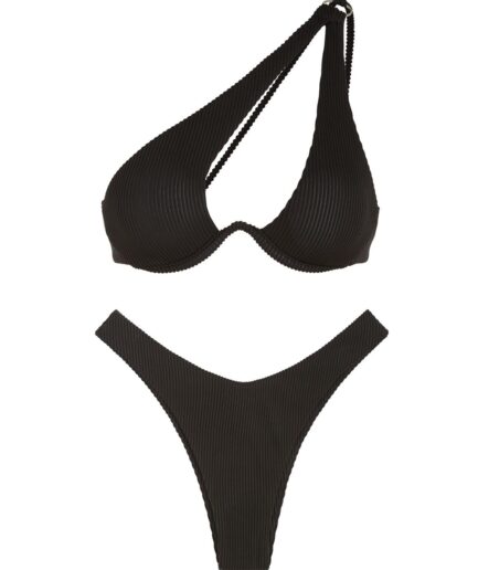 ZAFUL Ribbed One Shoulder Monowire High Leg Bikini Swimwear M Black