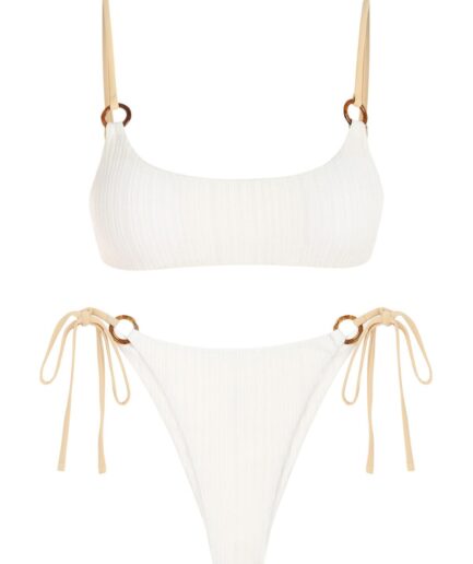 ZAFUL Ribbed O Ring Contrast Strap Tanga Bikini Swimwear M White