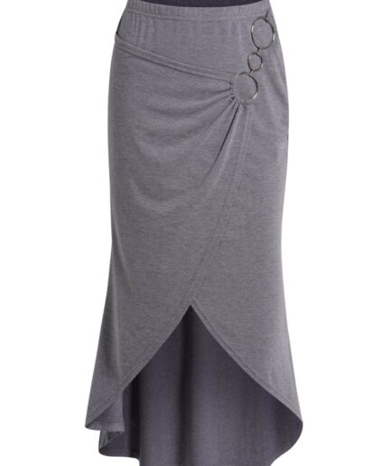 Women O Rings Overlay Asymmetric Skirt Casual Elastic Waist Skirt Clothing L Light gray
