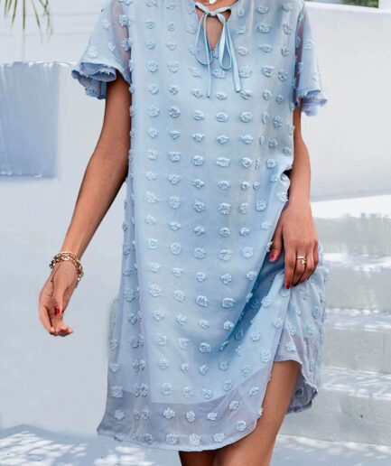Dresslily Women Swiss Dots Dress Plain Color Tied Front V Notched Flare Sleeve Shift Mini Dress Clothing M Light blue
