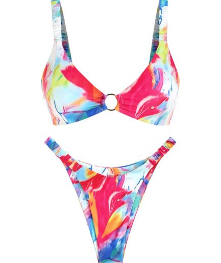 ZAFUL O Ring Elastic Straps Colorful Printed Bikini Swimwear Multi a