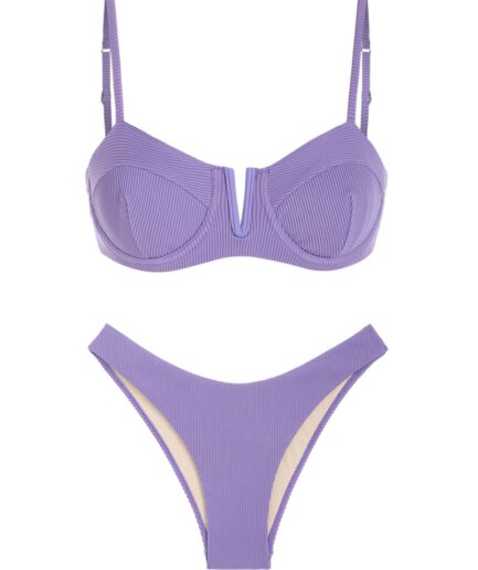 Underwire V-wire Ribbed Cheeky Bikini Set M Purple