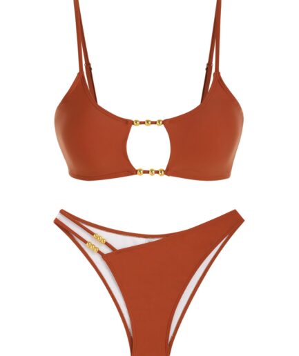 ZAFUL High Leg Beading Cut Out Asymmetrical Bikini Swimwear Deep coffee