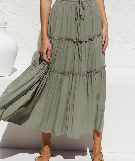 Women Plain Color Skirt Ruffle Tiered Elastic High Waisted Tiered A Line Mini Skirt Clothing L Deep green