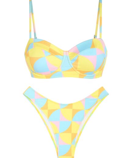 ZAFUL Ribbed High Cut Brazilian Geo Colorblock Underwire Bikini Swimwear Yellow