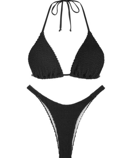 ZAFUL Crinkle Halter Triangular Bikini Swimwear L Black